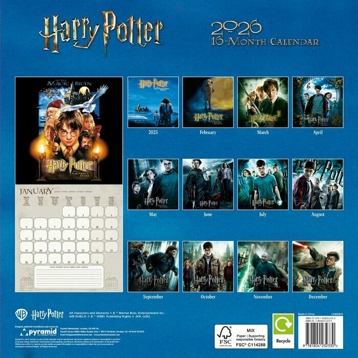Calendrier 2026 papier Harry Potter Film Poudlard