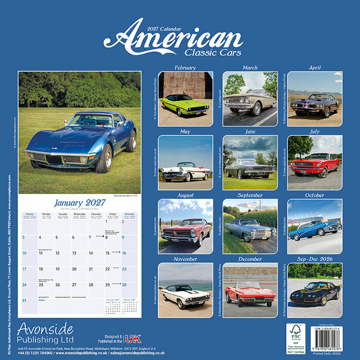 Calendrier 2027 Voiture Américaine Rétro Calendrier 2027 mural Voiture Américaine Bleue