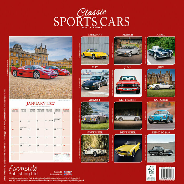 Calendrier 2027 papier Voiture Sportive Vintage Bleue