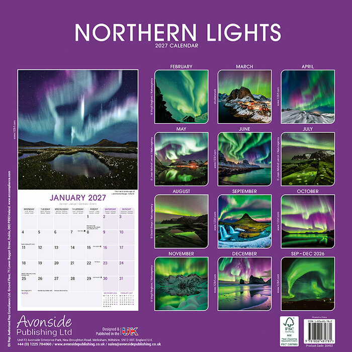 Calendrier 2027 papier Aurores Bor�ales Lumi�re