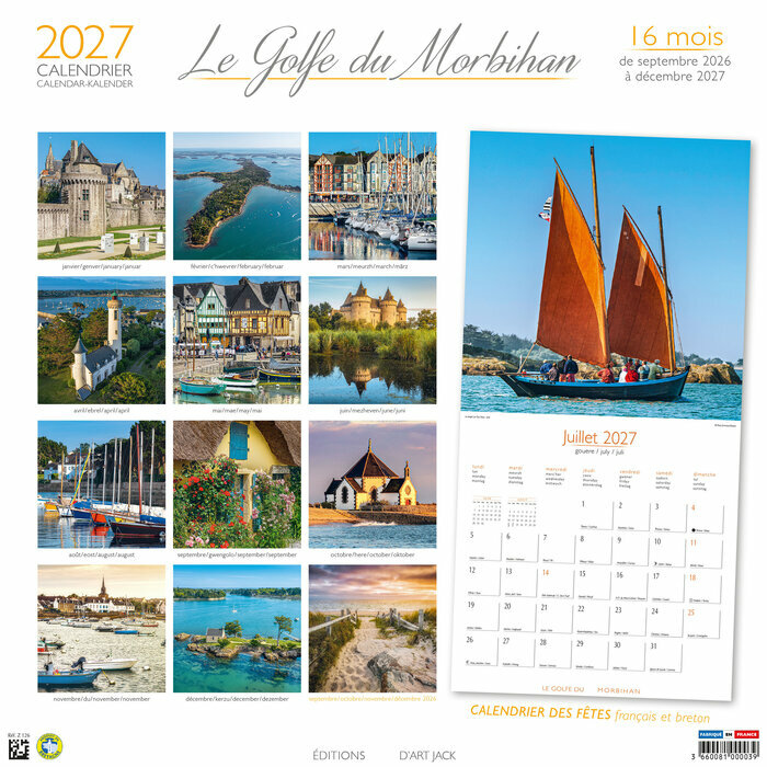 Calendrier Mural 2027 Bretagne Golfe du Morbihan bateaux 