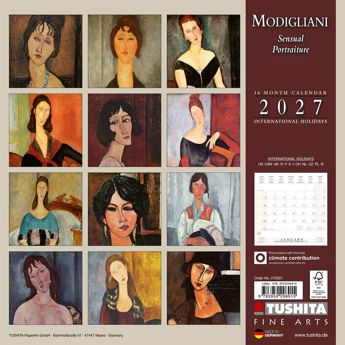 Calendrier papier 2027 Amad�o Modigliani Portrait Sensuel
