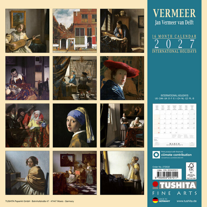 Calendrier Papier 2027 Vermeer La Fille � la Perle