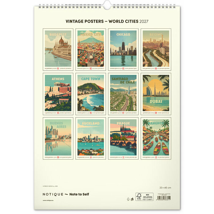 Calendrier Spirale 2027 Affiches Vintage Villes du Monde