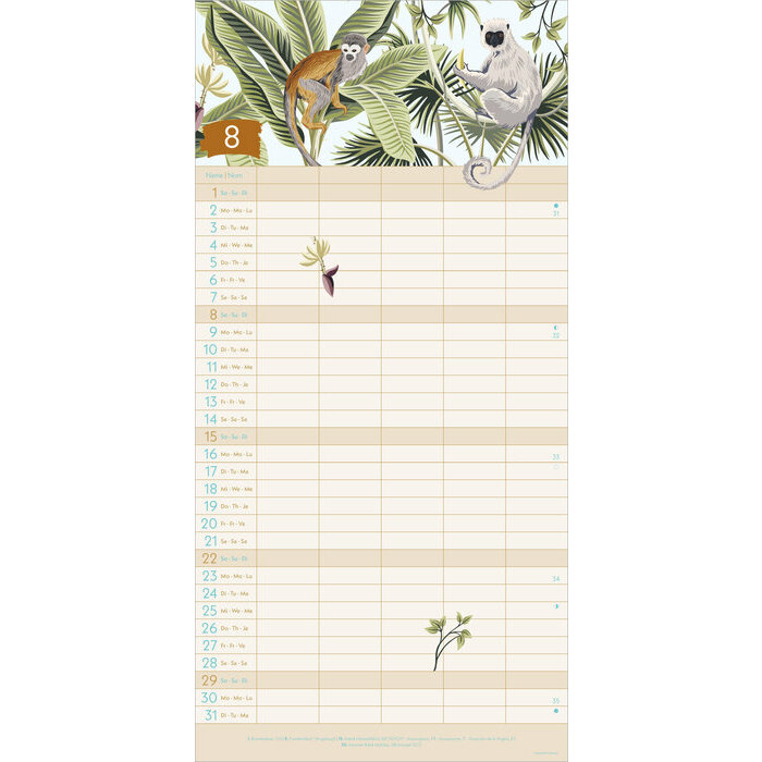 Calendrier Familial 2027 mural Eco-responsable Jungle 