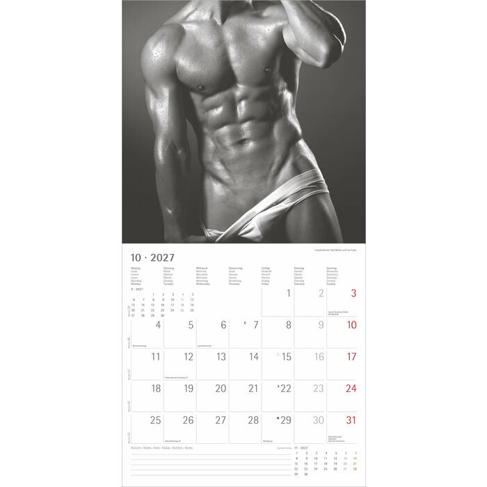 Calendrier Papier 2027 Corps Homme Sexy nu noir et blanc