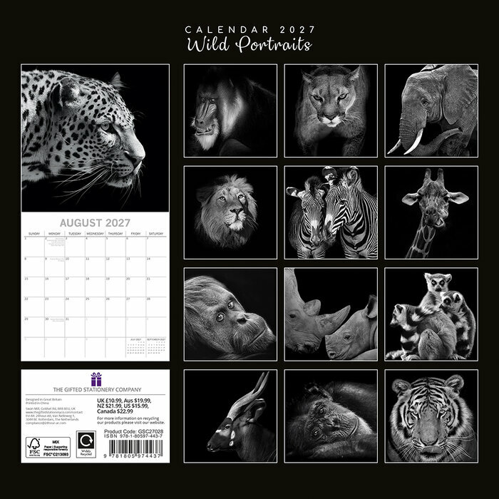 Calendrier 2027 Portraits Animaux Sauvages Noir et Blanc Calendrier 2027 Portraits Animaux Sauvages Noir et Blanc