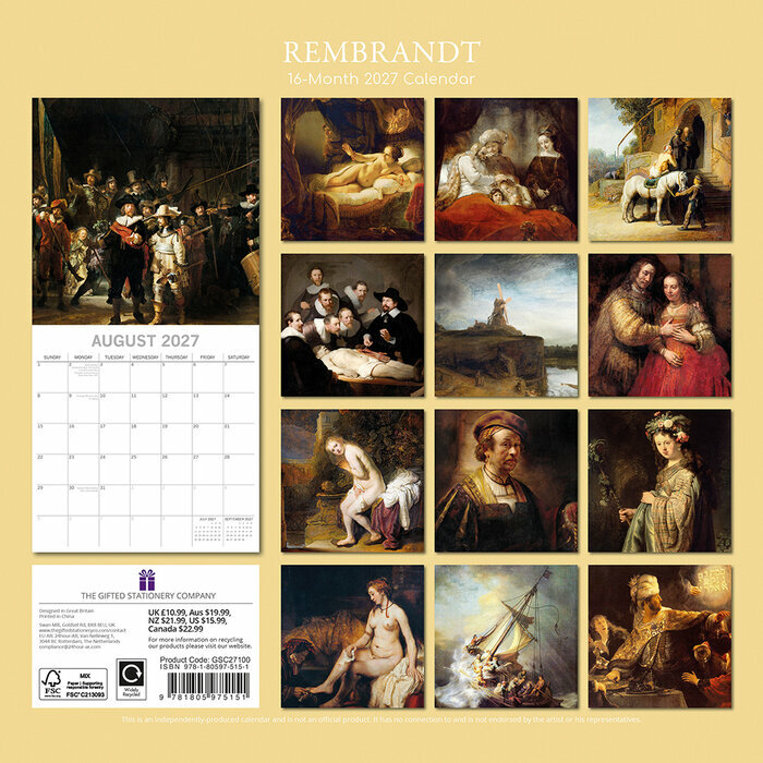 Calendrier 2027 Artiste Rembrandt Si�cle d'or