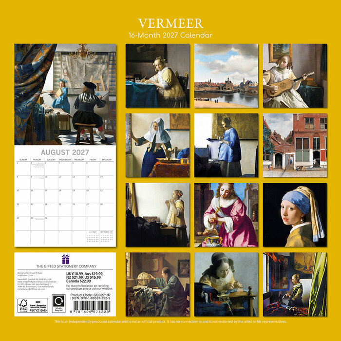 Calendrier  2027 Artistes Johannes Vermeer