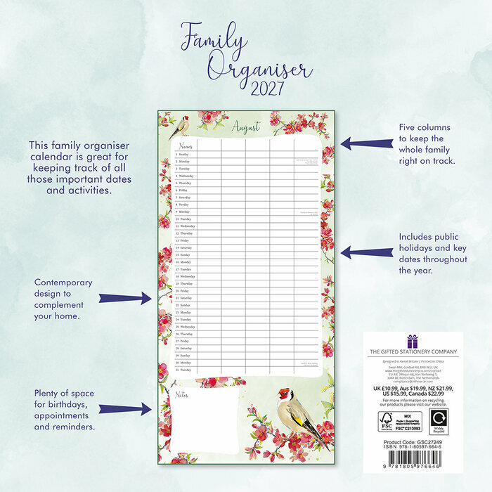 Calendrier Familial 2027 oiseaux